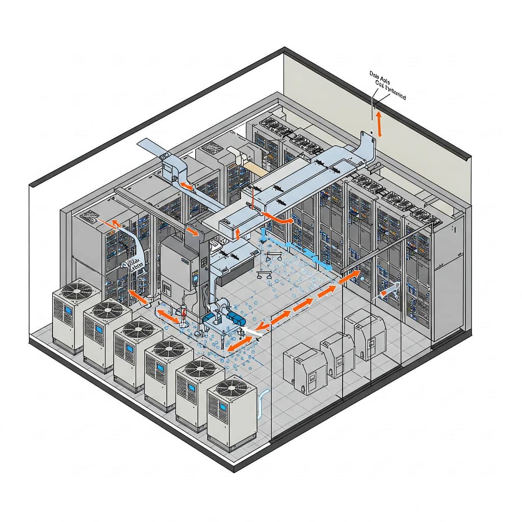 Illustration of HVAC design layout in a modern data center with airflow containment and cooling zones."