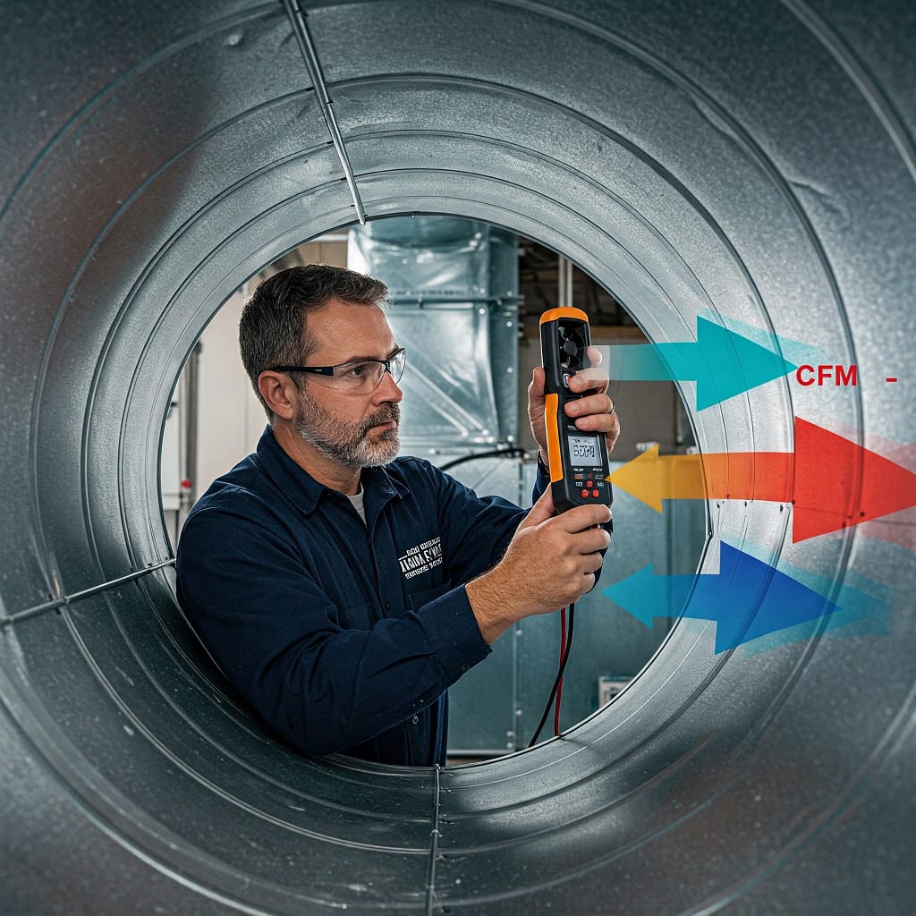 A professional HVAC technician measuring airflow using an anemometer inside a duct, with visible airflow arrows or overlay graphics indicating CFM values.