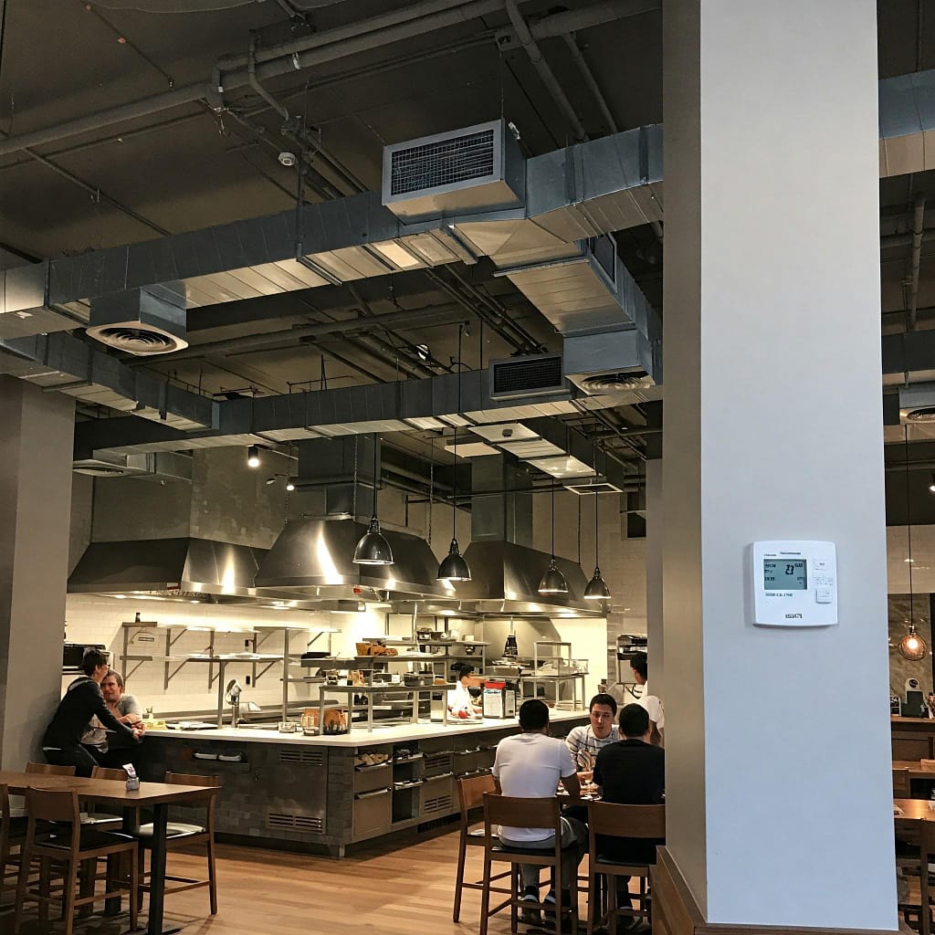 Interior of a restaurant with visible HVAC vents and an open kitchen, showcasing proper ventilation and customer comfort.