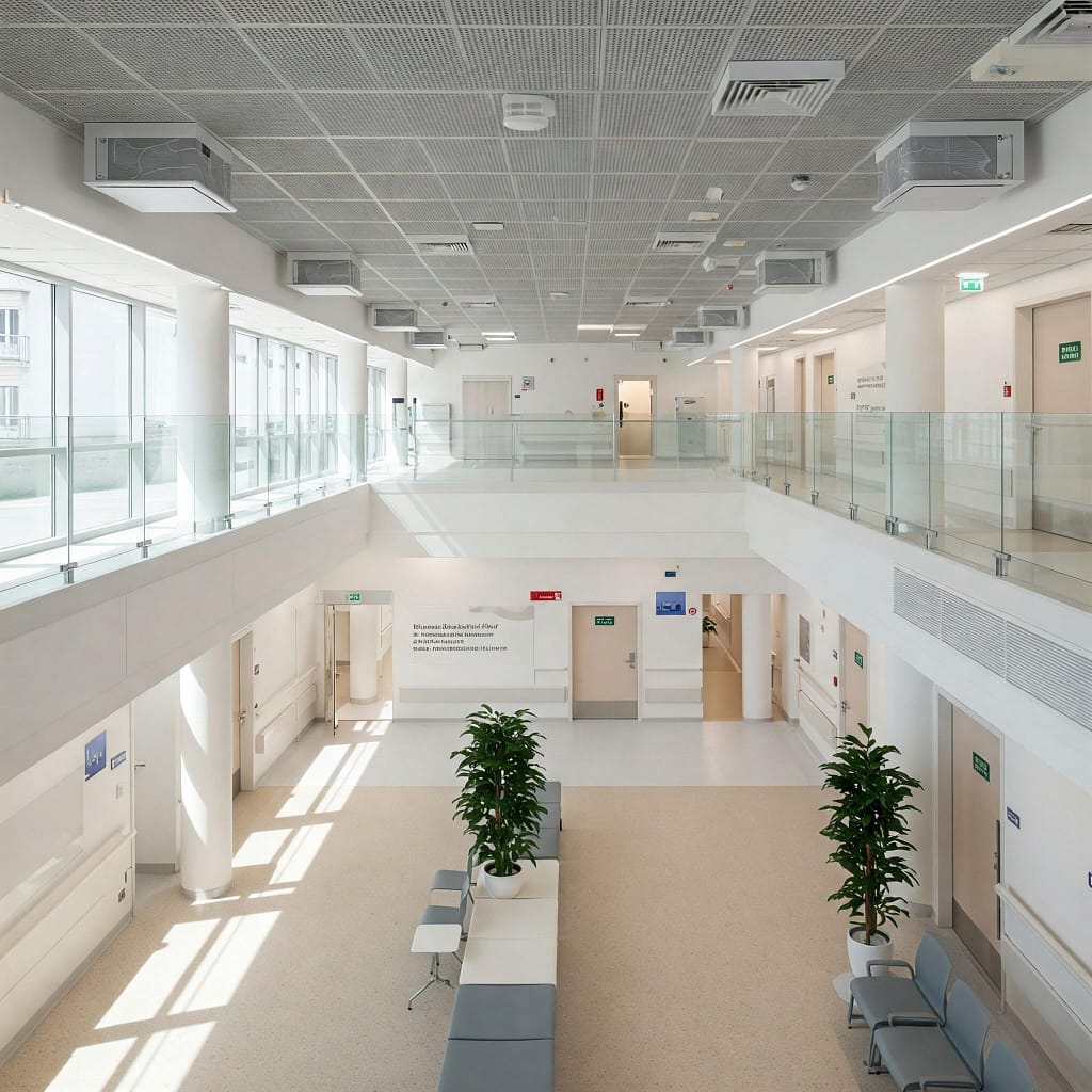 Illustrated floor plan of a hospital HVAC system showing airflow zones, filtration, and pressure controls.