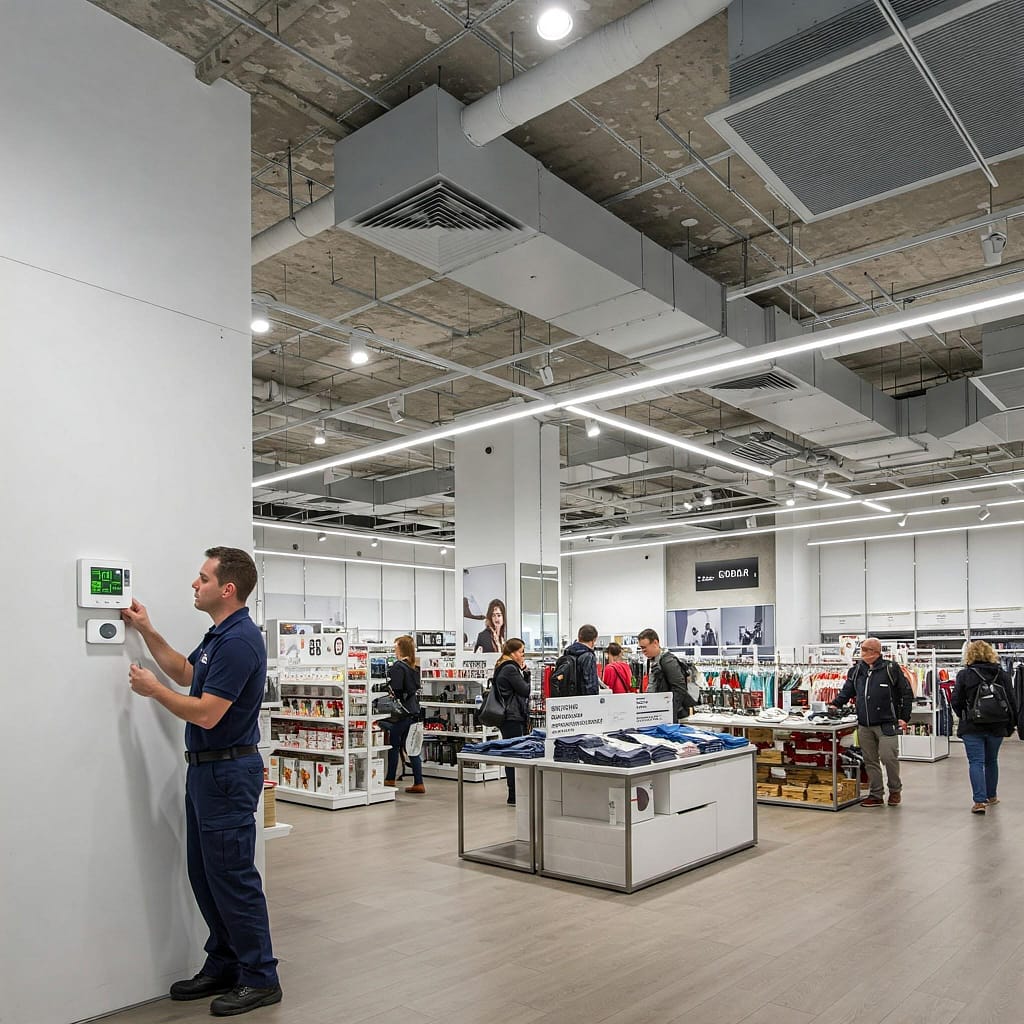 Interior of a retail store with HVAC vents and a technician adjusting settings to ensure customer comfort and efficient airflow
