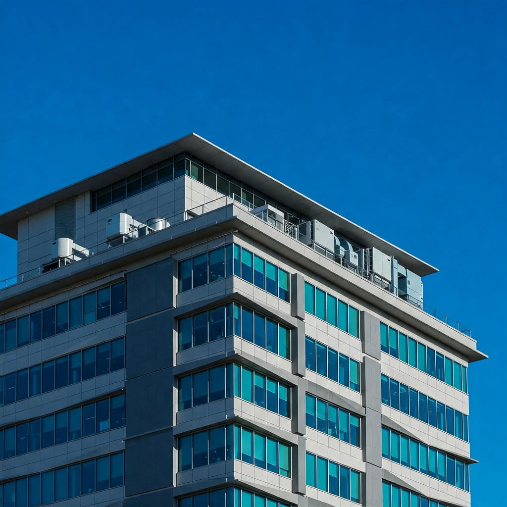 Commercial building with rooftop HVAC units, illustrating modern heating and cooling systems.