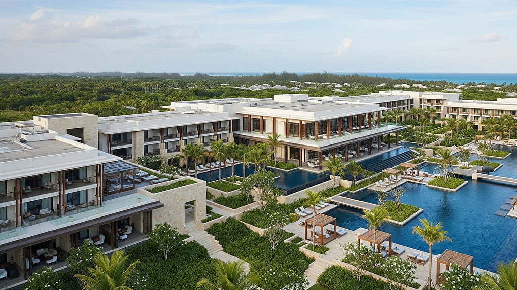 Exterior view of a hotel poolside area with lounge chairs, landscaping, and leisure space design