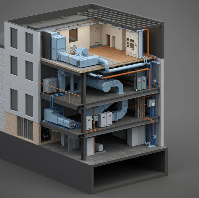 Visual representation of BIM showcasing a 3D digital building model used in architecture and construction planning.